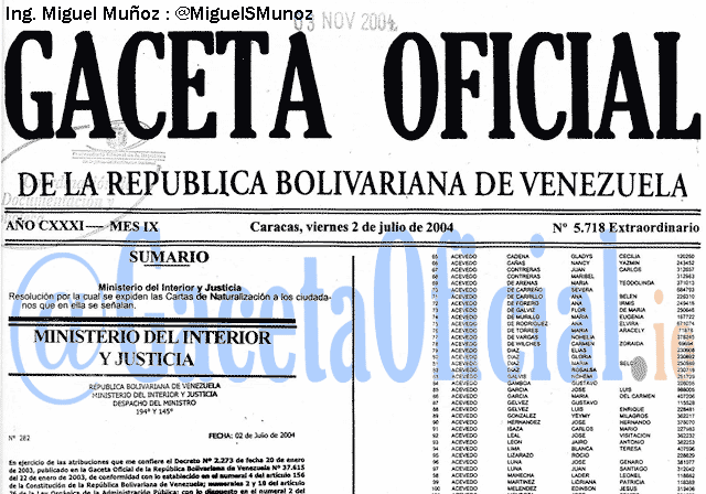 Gaceta Oficial 5718 del 2 Julio 2004