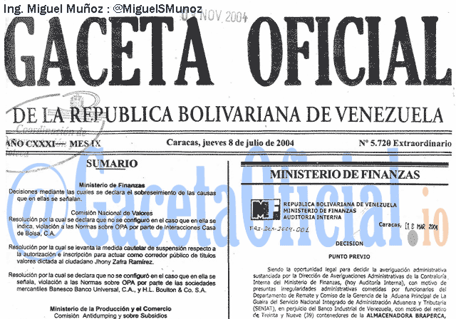 Gaceta Oficial 5720 del 8 Julio 2004