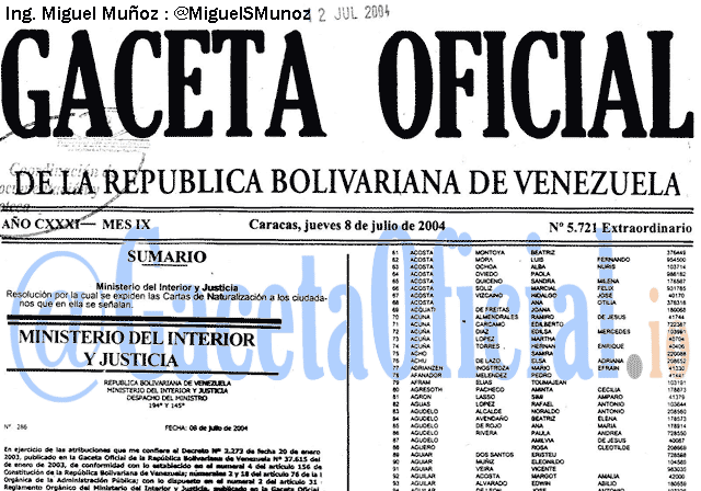 Gaceta Oficial 5721 del 8 Julio 2004