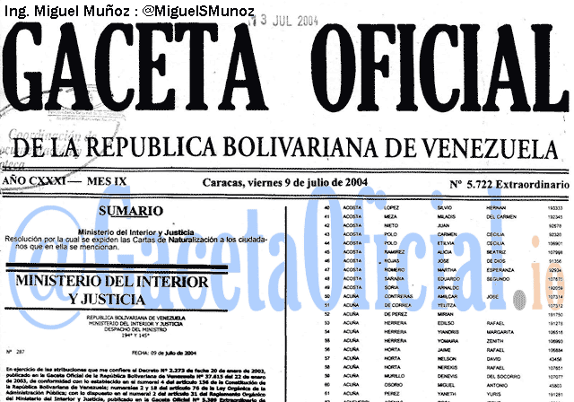 Gaceta Oficial 5722 del 9 Julio 2004