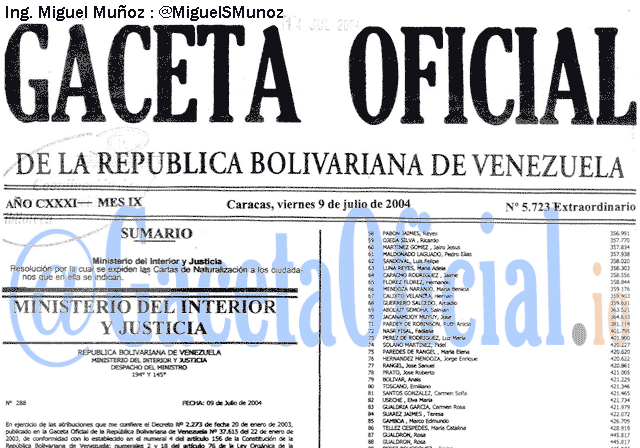 Gaceta Oficial 5723 del 9 Julio 2004