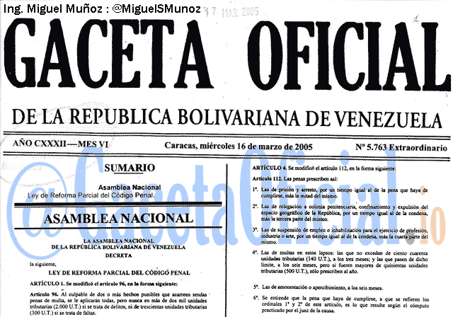 Gaceta Oficial 5763 del 16 Marzo 2005