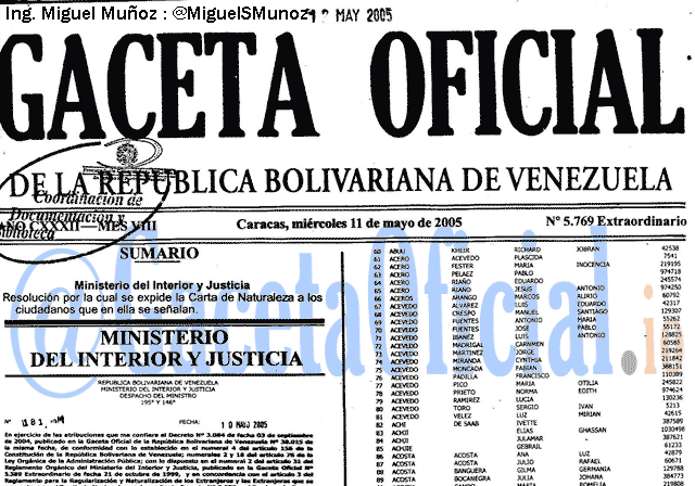Gaceta Oficial 5769 del 11 Mayo 2005