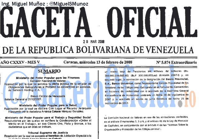Gaceta Oficial 5874 del 13 Febrero 2008