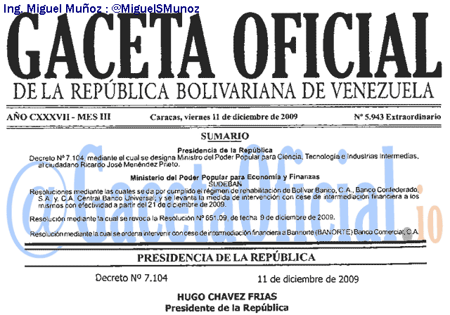 Gaceta Oficial 5943 del 11 Diciembre 2009