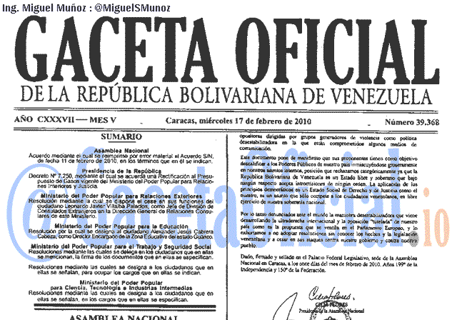 Gaceta Oficial 39368 del 17 Febrero 2010