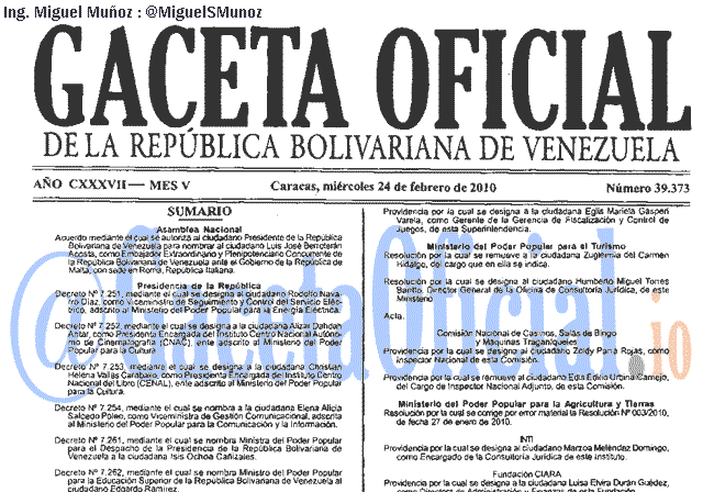 Gaceta Oficial 39373 del 24 Febrero 2010