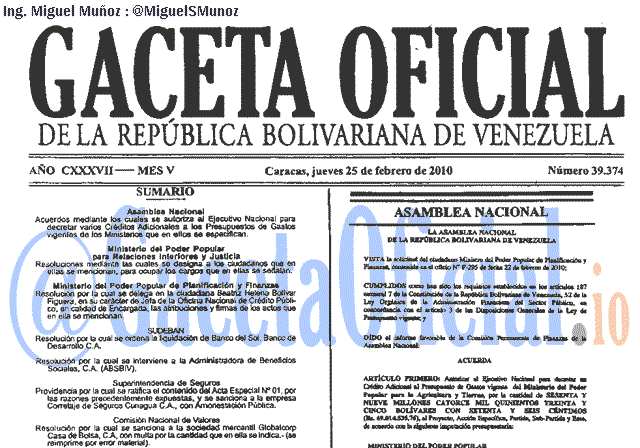 Gaceta Oficial 39374 del 25 Febrero 2010