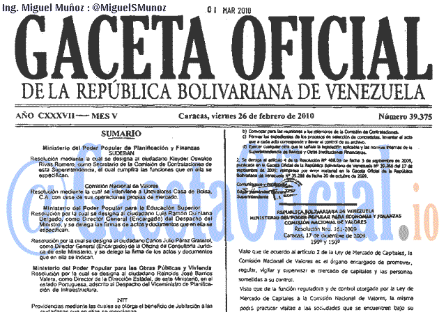 Gaceta Oficial 39375 del 26 Febrero 2010