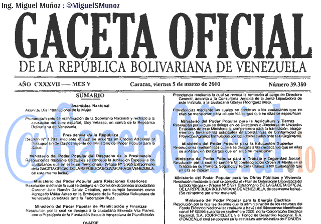Gaceta Oficial 39380 del 5 Marzo 2010