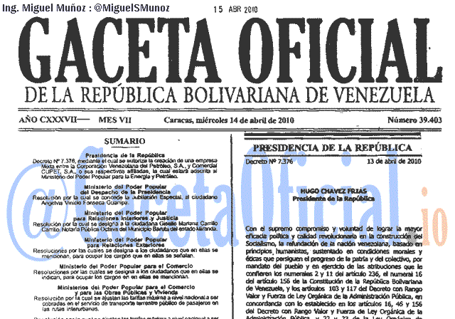 Gaceta Oficial 39403 del 14 Abril 2010