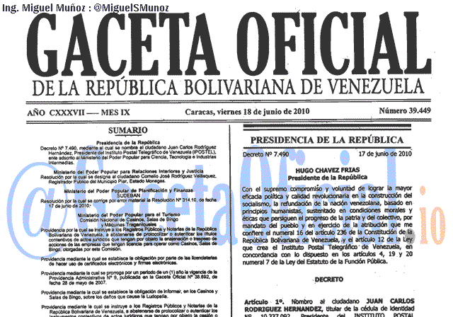 Gaceta Oficial 39449 del 18 Junio 2010