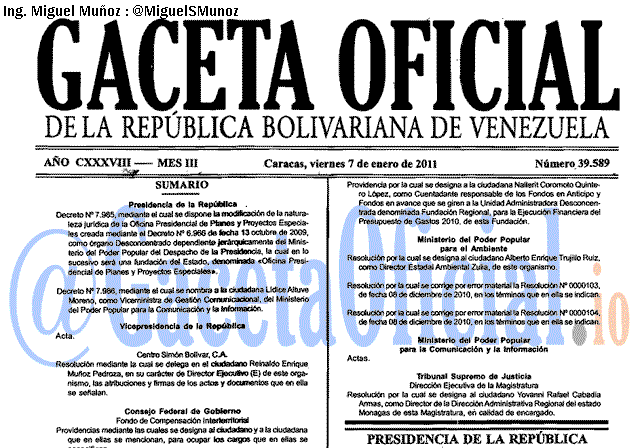 Gaceta Oficial 39589 del 7 Enero 2011