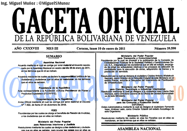 Gaceta Oficial 39590 del 10 Enero 2011