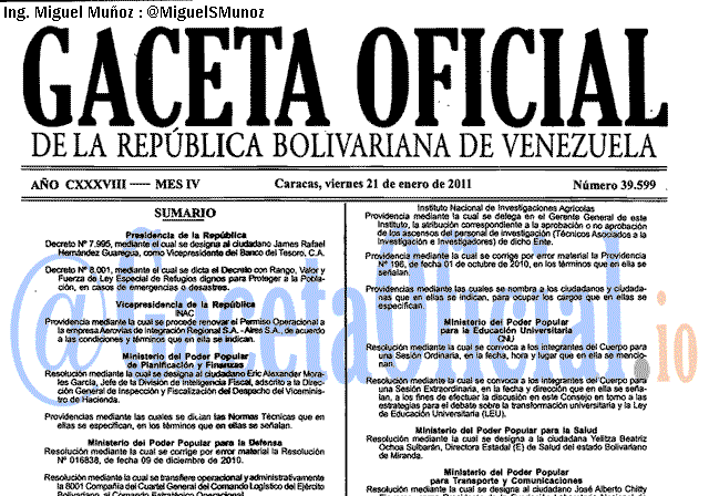Gaceta Oficial 39599 del 21 Enero 2011
