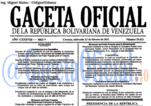 Gaceta Oficial 39622 del 23 Febrero 2011