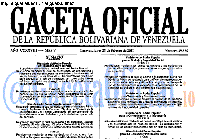 Gaceta Oficial 39625 del 28 Febrero 2011