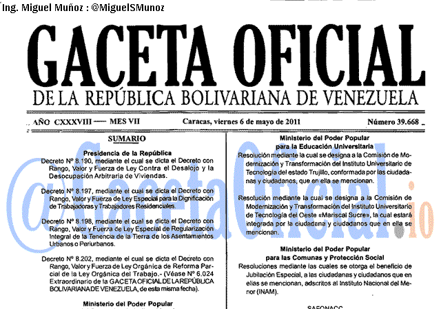 Gaceta Oficial 39668 del 6 Mayo 2011