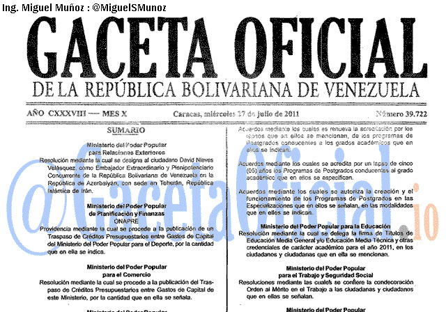 Gaceta Oficial 39722 del 27 Julio 2011