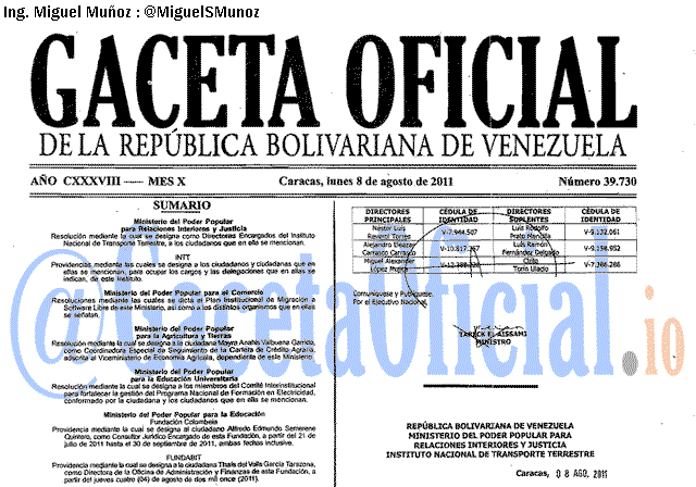 Gaceta Oficial 39730 del 8 Agosto 2011