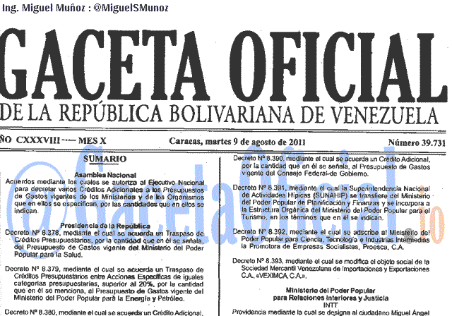 Gaceta Oficial 39731 del 9 Agosto 2011