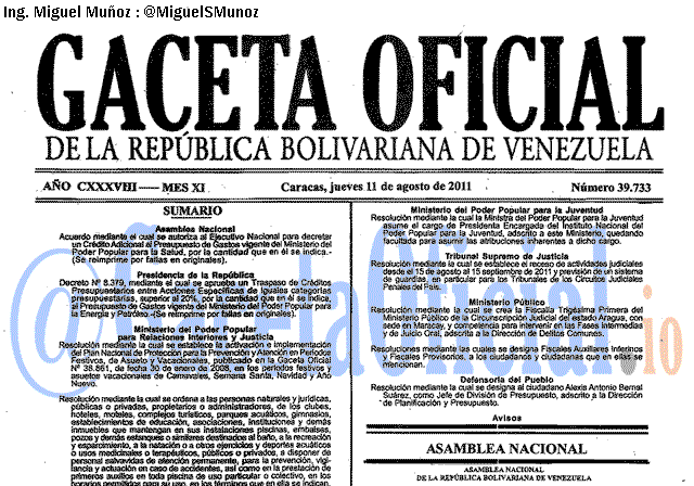 Gaceta Oficial 39733 del 11 Agosto 2011