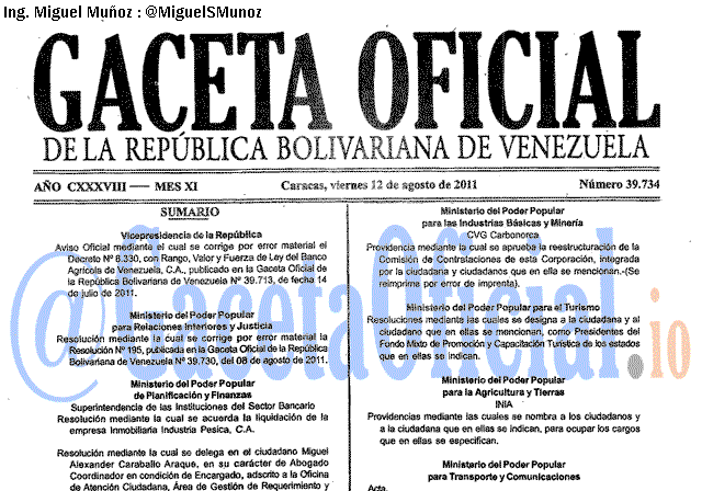 Gaceta Oficial 39734 del 12 Agosto 2011