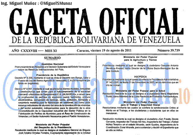 Gaceta Oficial 39739 del 19 Agosto 2011