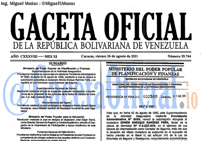 Gaceta Oficial 39744 del 26 Agosto 2011