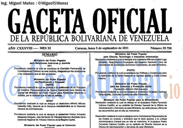 Gaceta Oficial 39750 del 5 Septiembre 2011