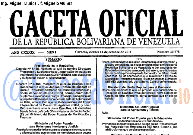 Gaceta Oficial 39778 del 14 Octubre 2011