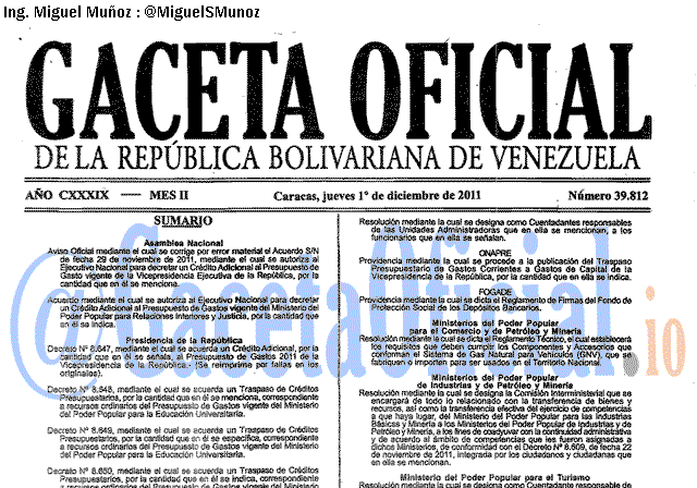 Gaceta Oficial 39812 del 1 Diciembre 2011