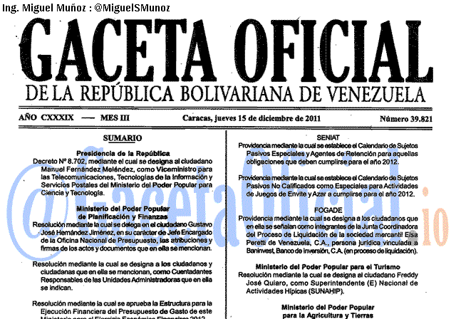 Gaceta Oficial 39821 del 15 Diciembre 2011