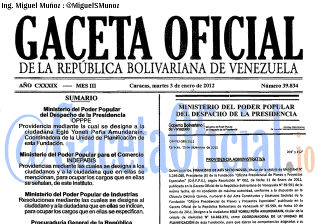 Gaceta Oficial 39834 del 3 Enero 2012