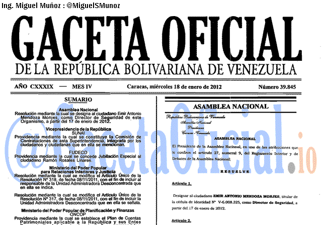 Gaceta Oficial 39845 del 18 Enero 2012