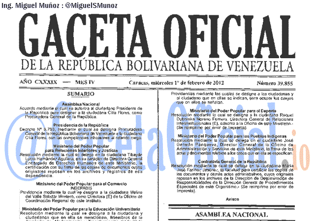 Gaceta Oficial 39855 del 1 Febrero 2012