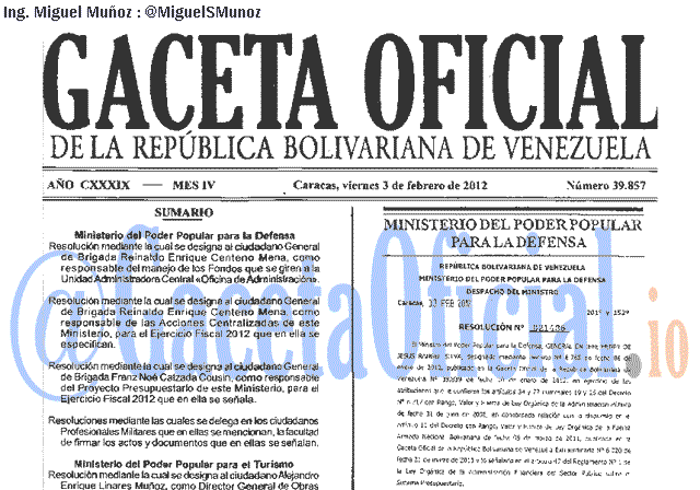 Gaceta Oficial 39857 del 3 Febrero 2012