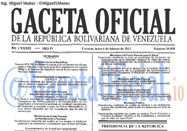 Gaceta Oficial 39858 del 6 Febrero 2012