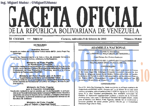 Gaceta Oficial 39860 del 8 Febrero 2012