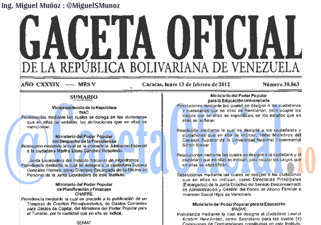 Gaceta Oficial 39863 del 13 Febrero 2012