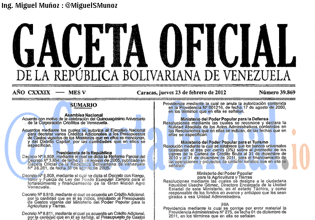 Gaceta Oficial 39869 del 23 Febrero 2012