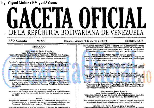 Gaceta Oficial 39875 del 2 Marzo 2012