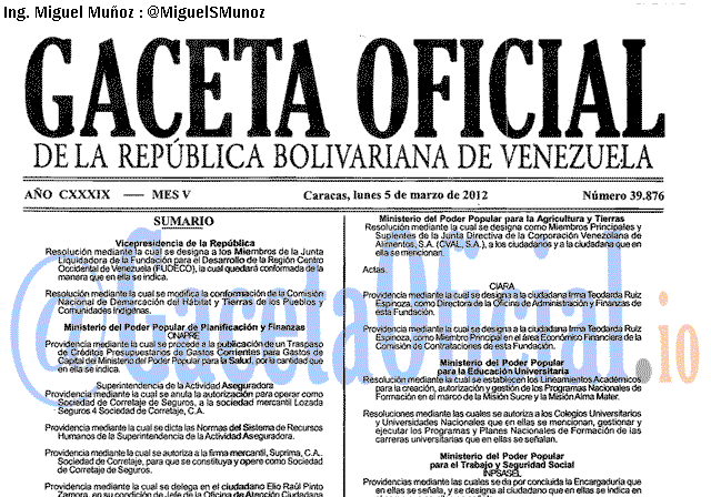 Gaceta Oficial 39876 del 5 Marzo 2012