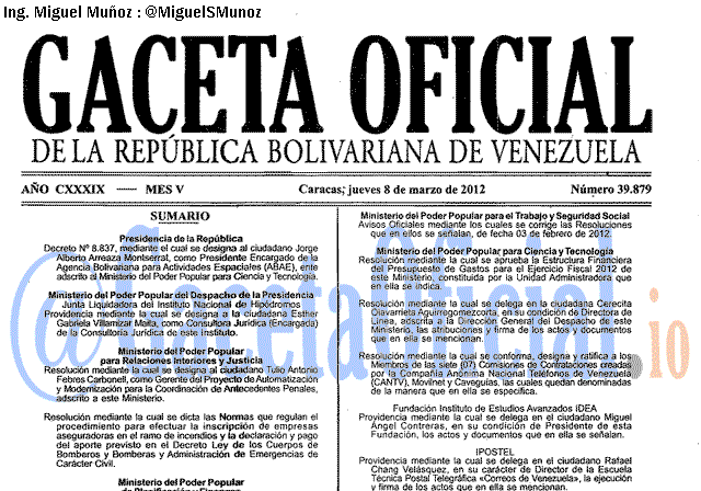 Gaceta Oficial 39879 del 8 Marzo 2012