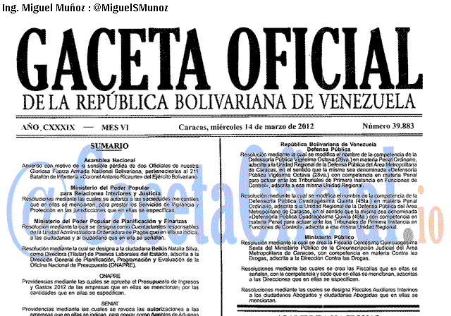 Gaceta Oficial 39883 del 14 Marzo 2012