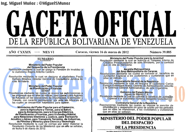 Gaceta Oficial 39885 del 16 Marzo 2012
