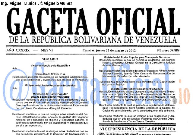 Gaceta Oficial 39889 del 22 Marzo 2012