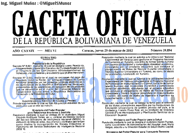 Gaceta Oficial 39894 del 29 Marzo 2012