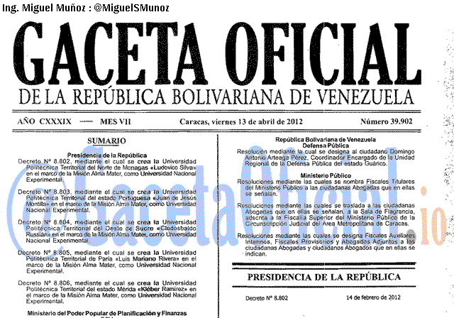 Gaceta Oficial 39902 del 13 Abril 2012