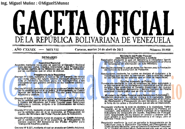 Gaceta Oficial 39908 del 24 Abril 2012